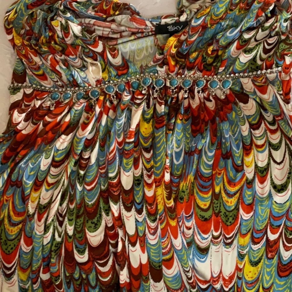 SKY multi colored top turquoise jewel band large silk absolutely stunning shirt - Picture 6 of 7